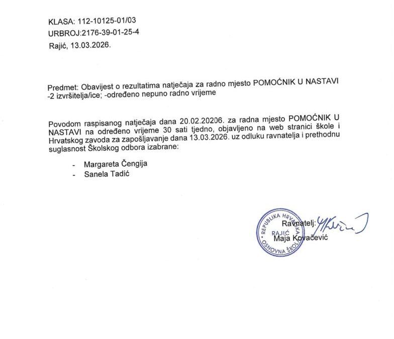 Obavijest o rezultatima natječaja za radno mjesto pomoćnik u nastavi