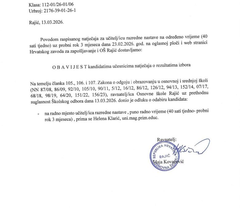 Obavijest o rezultatima natječaja za radno mjesto učitelj razredne nastave
