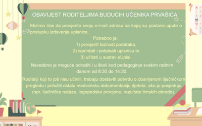 OBAVIJEST RODITELJIMA BUDUĆIH PRVAŠIĆA ZA ŠKOLSKU GODINU 2026./2027. 