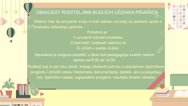 OBAVIJEST RODITELJIMA BUDUĆIH PRVAŠIĆA ZA ŠKOLSKU GODINU 2026./2027. 
